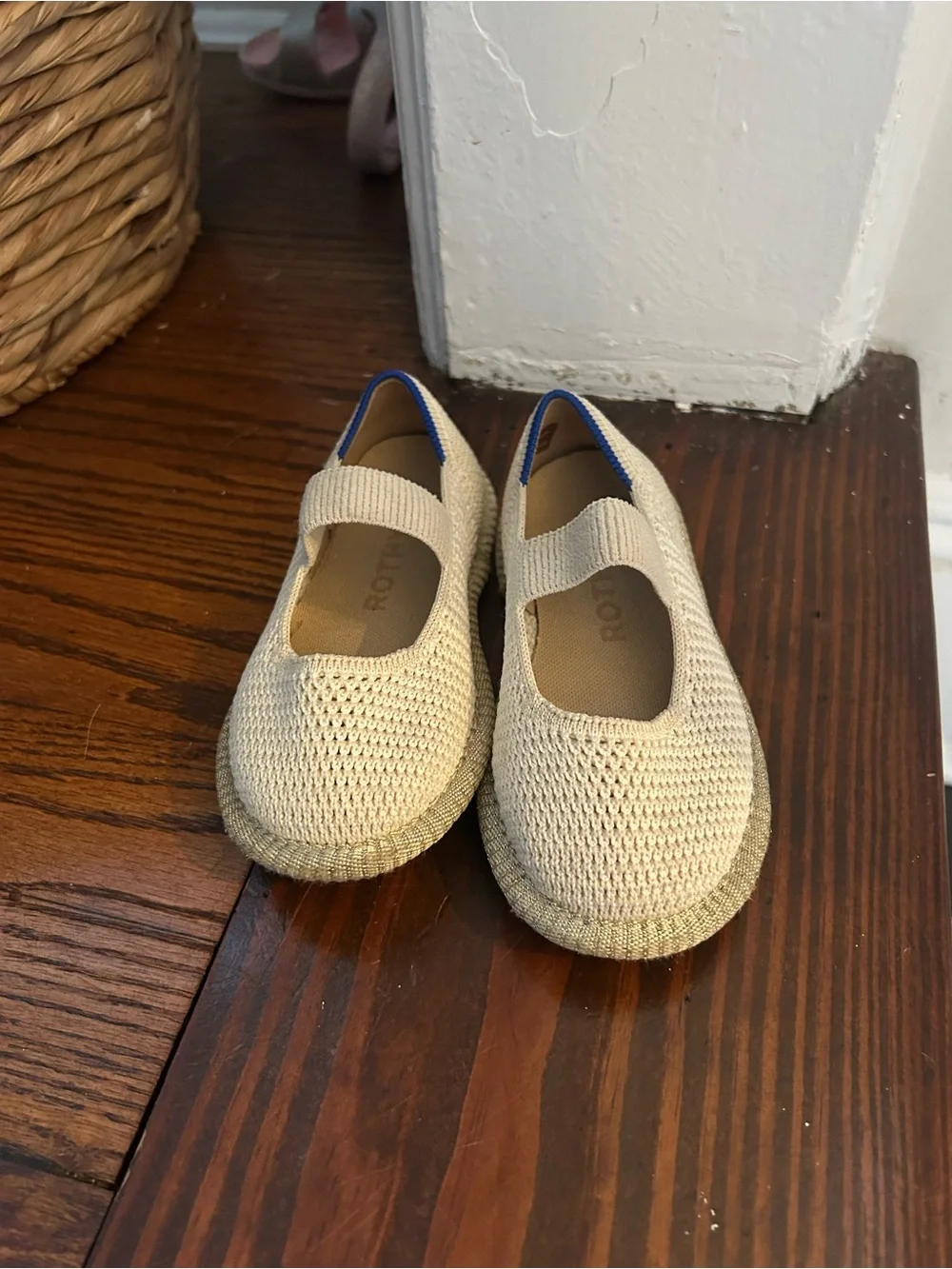 Rothy's Cream Knit Mary Jane Shoes with Blue Trim - Kids